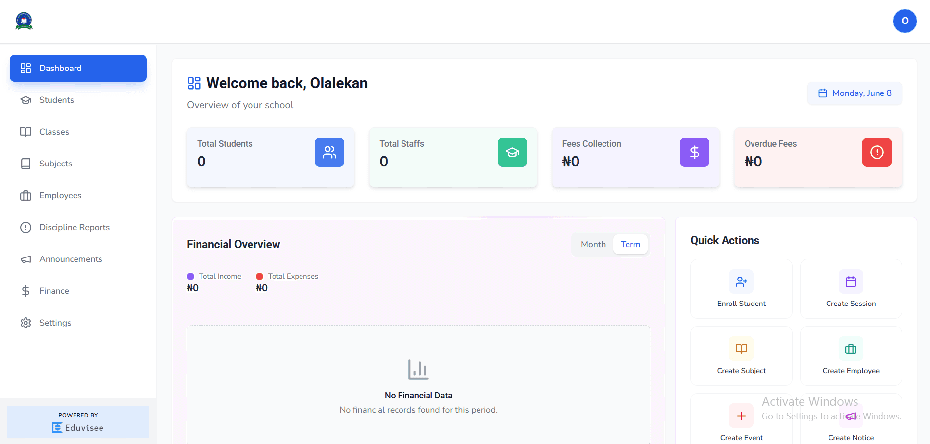 Eduvisee school management portal screenshot